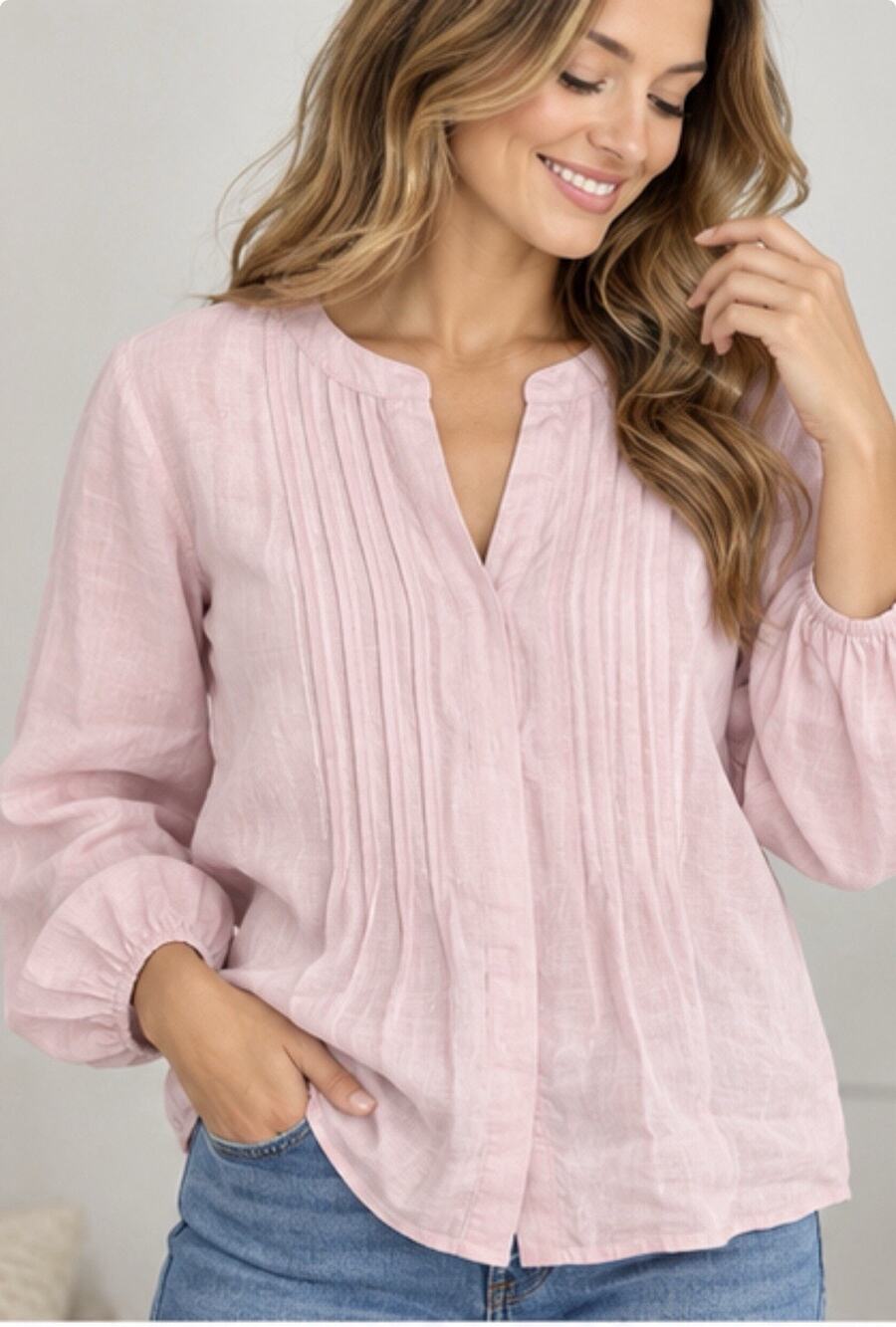 Tommy Bahama Women’s L Pink Linen Blend Pintuck Blouse Long Sleeve Pullover